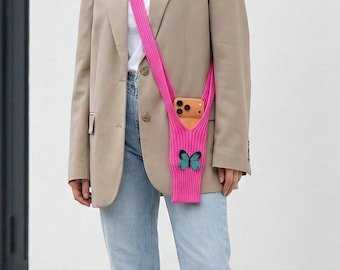 Pochette pour téléphone au crochet, sac bandoulière papillon, transport mains libres