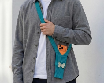 Pochette pour téléphone au crochet, sac pour téléphone à bandoulière en tricot fait main avec papillon