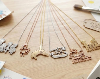 Collier dessin personnalisé pour enfants, pendentif gravé oeuvre d'art pour enfants, cadeau maman personnalisé