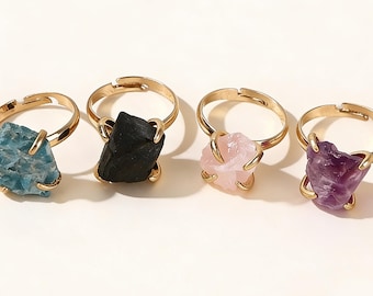 Bague réglable en cristal brut, bijoux bohème en pierre naturelle plaqué or