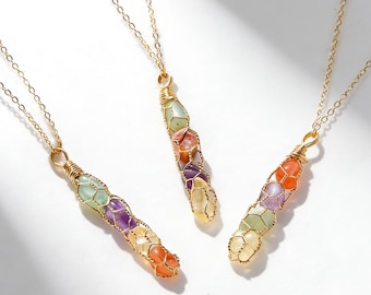 Collier fait main en cristal de 7 chakras, pendentif en pierre brute enveloppé de fil métallique, bijoux de guérison bohèmes