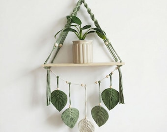 Étagère suspendue en macramé faite main, pompons en feuille vert sauge, déco bohème