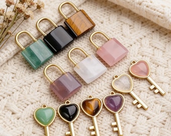 Ensemble de pendentifs clé et cadenas en pierre naturelle, collier en cristal en forme de coeur, bijoux de couple