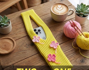 Pink four-leaf clover crochet phone bag – Handmade crossbody mini bag, a gift for her.