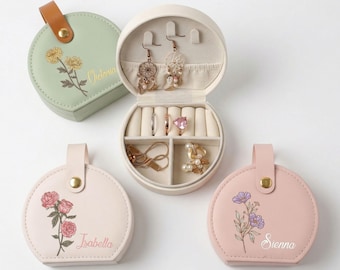 Personalized Floral PU Leather Jewelry Box, Custom Name Travel Case, Bridesmaid Keepsake