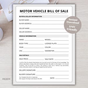 Motor Vehicle Bill of Sale Template, Printable Form Fillable PDF Download, Car Bill of Sales, Instant Download, Auto BOS