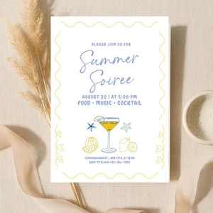 Summer Soiree Invitation, Hand Drawn Drinks Party Invite, Editable Summer Party Invite, Beach Party Invite, Editable Invite Template