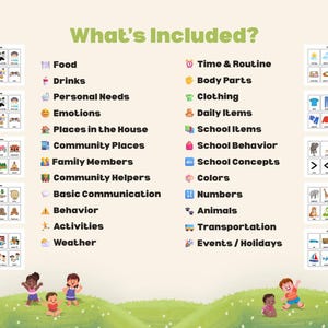 May include: Educational visual aids with the text "What's Included?" and various topics like food, emotions, and school concepts. The image includes illustrations and icons, with children playing on a green hill.
