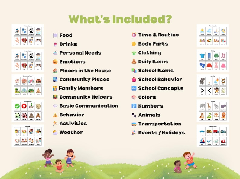 May include: Educational visual aids with the text "What's Included?" and various topics like food, emotions, and school concepts. The image includes illustrations and icons, with children playing on a green hill.