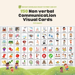 May include: A collection of 150 non-verbal communication visual cards, 2x2 square, featuring illustrations of everyday activities, emotions, and objects. The cards are designed for instant download and ready to print and cut. The image includes text that reads "INSTANT DOWNLOAD | READY TO PRINT AND CUT".
