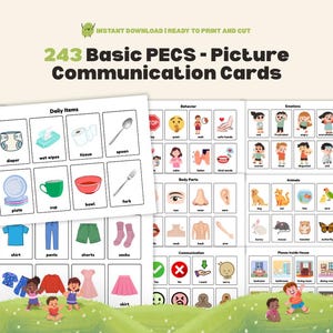 May include: A collection of 243 Basic PECS (Picture Exchange Communication System) cards, with illustrations for daily items, behaviours, emotions, body parts, animals, and other categories. The cards are available for instant download, ready to print and cut.