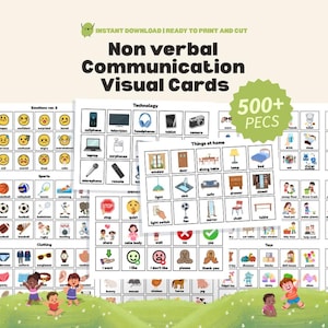May include: A collection of non-verbal communication visual cards featuring over 500 PECS icons. The cards are organised into categories including emotions, technology, sports, clothing, and household items, each with a label and illustration.