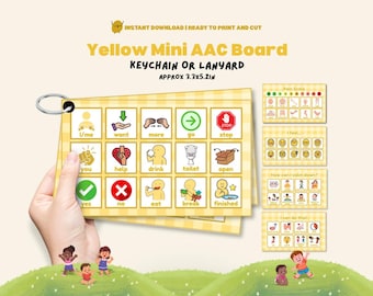 Yellow Mini AAC Core Board Kids Travel Printable Cute AAC Chart Autism Portable Communication Cards Lanyard/Flashcards Nonverbal Language