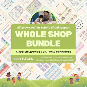 Puede incluir: Una imagen verde con el texto "All-in-One AUTISM & ADHD Visual Support WHOLE SHOP BUNDLE" y "LIFETIME ACCESS + ALL NEW PRODUCTS". La imagen incluye ayudas visuales, PECS y kits de regulación emocional. También incluye una foto de un niño y un adulto.