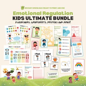 May include: A bundle of educational resources for children, including flashcards, worksheets, and posters. The "Emotional Regulation KIDS ULTIMATE BUNDLE" features colourful illustrations and text, designed to help children understand and manage their emotions. The image includes the text "INSTANT DOWNLOAD | READY TO PRINT AND USE".