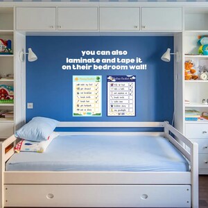 May include: A child's bedroom with a white bed and blue wall. Two colorful checklists are displayed on the wall, one for morning and one for bedtime. The text on the wall says, "You can also laminate and tape it on their bedroom wall!"