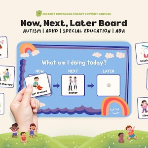 May include: A blue "Now, Next, Later Board" with the text "What am I doing today?" and illustrations for activities like "get dressed" and "doctor." Includes icons for "haircut," "speech therapy," and "playground."