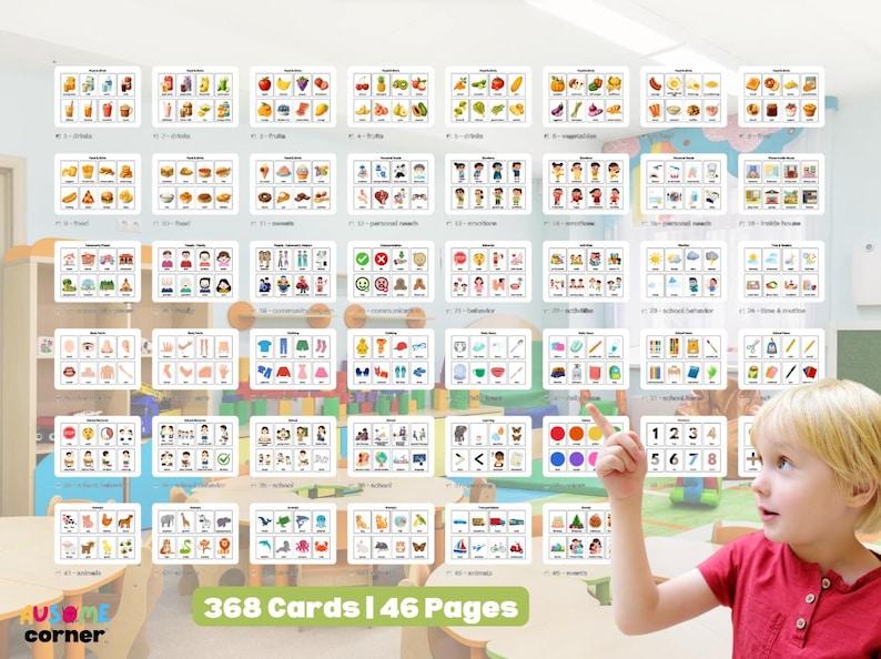 May include: Educational flashcards with colourful illustrations, including fruits, vegetables, food, people, and clothing. The cards are arranged on a wall, with a child pointing at a colour chart. The text "368 Cards | 46 Pages" is visible.