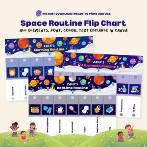 Space Routine Chart Editable Flipchart Toddler Morning Bedtime Routine Chart Galaxy Visual Schedule for Kids Daily Rhythm