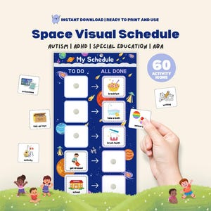 May include: A blue space-themed visual schedule with the text "Space Visual Schedule" and "My Schedule". Includes 60 activity icons and the words "TO DO" and "ALL DONE". The schedule is designed for autism, ADHD, and special education.