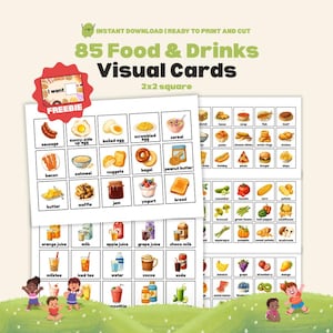 May include: Educational visual cards featuring 85 food and drink items, perfect for learning. The cards are arranged in a 2x2 square format and include images of various foods and beverages, such as eggs, cereal, and juice. The words "Food & Drinks Visual Cards" are displayed.