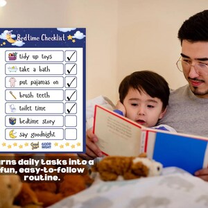 May include: A bedtime checklist with illustrations for each task, including "tidy up toys," "take a bath," and "say goodnight." The checklist is designed to turn daily tasks into a fun, easy-to-follow routine.