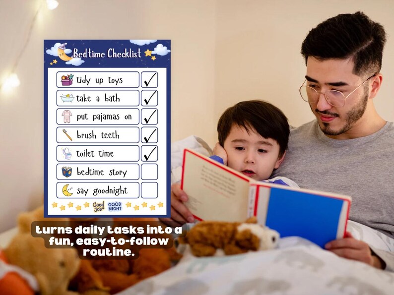 May include: A bedtime checklist with illustrations for each task, including "tidy up toys," "take a bath," and "say goodnight." The checklist is designed to turn daily tasks into a fun, easy-to-follow routine.