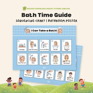 May include: A light blue Bath Time Guide sequencing chart poster featuring ten numbered steps with illustrations of a child performing bath tasks. The text reads Bath Time Guide, Sequencing Chart, Bathroom Poster, and I Can Take a Bath.