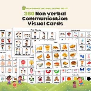 May include: Visual communication cards with 360 non-verbal communication visuals. The cards include categories for emotions, school behavior, personal needs, and food. The cards are ready to print and cut, with illustrations of various concepts.