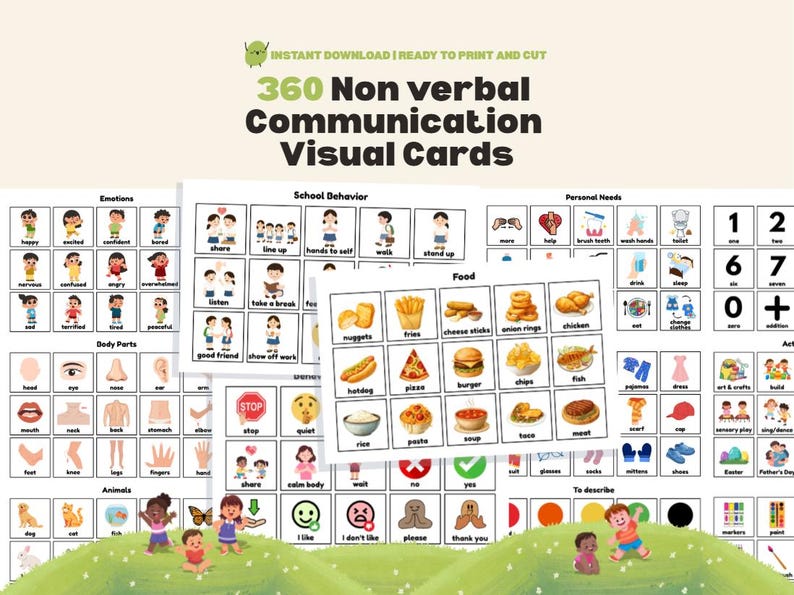 May include: Visual communication cards with 360 non-verbal communication visuals. The cards include categories for emotions, school behavior, personal needs, and food. The cards are ready to print and cut, with illustrations of various concepts.