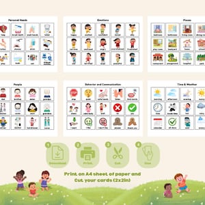 May include: Educational flashcards with illustrations covering personal needs, emotions, places, people, behavior, and time. The cards are designed to be printed, cut, and used. The image also includes instructions for printing on A4 paper and cutting the cards.