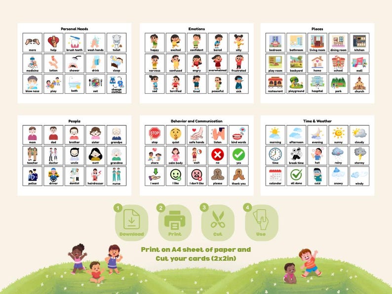 May include: Educational flashcards with illustrations covering personal needs, emotions, places, people, behavior, and time. The cards are designed to be printed, cut, and used. The image also includes instructions for printing on A4 paper and cutting the cards.