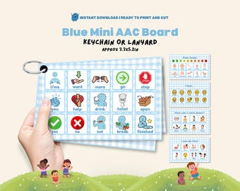 Blue Mini AAC Core Board Kids Travel Printable Cute AAC Chart Autism Portable Communication Cards Lanyard/Flashcards Nonverbal Language