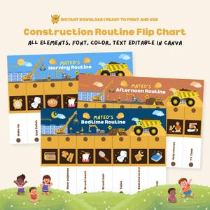 Construction Routine Chart Editable Flip Chart Toddler Morning Bedtime Routine Chart Visual Schedule Kids Chore Chart Trucks Daily Rhythm