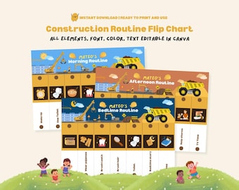 Construction Routine Chart Editable Flip Chart Toddler Morning Bedtime Routine Chart Visual Schedule Kids Chore Chart Trucks Daily Rhythm