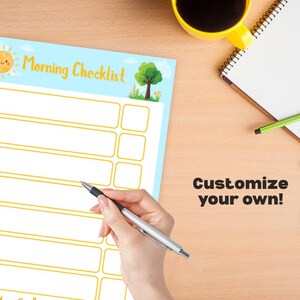 May include: A light blue "Morning Checklist" notepad with a sun and tree graphic. The notepad has multiple rectangular boxes for writing. The text "Customize your own!" is also visible.
