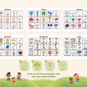 May include: Educational flashcards featuring categories like body parts, clothing, and daily items. The cards are illustrated with colorful images and words. The image also includes instructions: Download, Print, Cut, and Use. The text on the image says: Print on A4 sheet of paper and Cut your cards (2x2in).