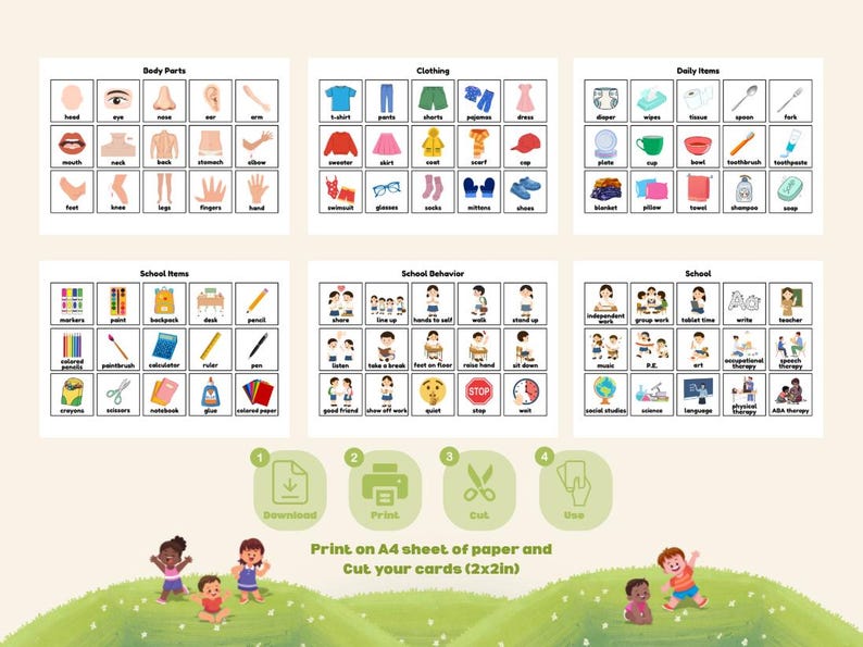 May include: Educational flashcards featuring categories like body parts, clothing, and daily items. The cards are illustrated with colorful images and words. The image also includes instructions: Download, Print, Cut, and Use. The text on the image says: Print on A4 sheet of paper and Cut your cards (2x2in).