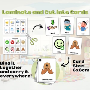 May include: Educational flashcards with illustrations and text, including weather and communication themes. The cards, sized at approximately 6 x 8 cm, feature phrases like "I want," "cold," and "thank you." The image also includes instructions: "Laminate and Cut into Cards."