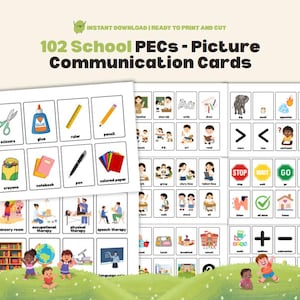 May include: Picture communication cards for school, featuring 102 cards with images of school supplies, activities, and emotions. Includes scissors, glue, a ruler, and a pencil. The cards are ready to print and cut.