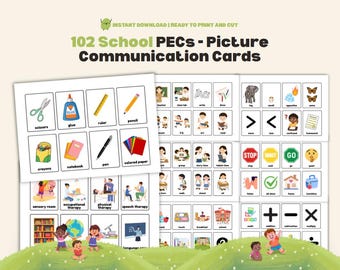 102 School PECs Nonverbal Communication Cards Autism Visual Aid Printable Picture Flashcards for Home, School, or Therapy
