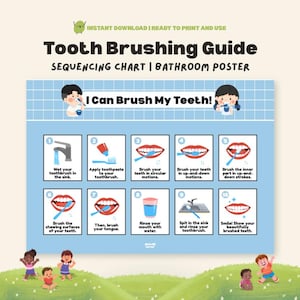 May include: A colorful "Tooth Brushing Guide" poster with the text "I Can Brush My Teeth!" shows steps for brushing teeth. The guide includes illustrations of each step, such as wetting the toothbrush, applying toothpaste, and brushing in circular motions. The poster is designed for children.