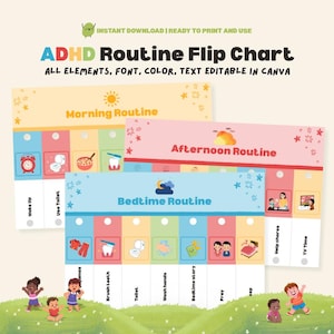 以下が含まれることがあります： ADHDルーティンフリップチャート。朝、午後、就寝時のスケジュールがあります。「Wake Up」、「Brush Teeth」、「Bedtime Story」などのカラフルなイラストとテキストが含まれています。「INSTANT DOWNLOAD | READY TO PRINT AND USE」の文字が上部にあります。