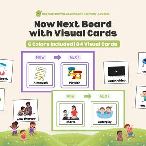 Pode incluir: Download digital de um "Quadro Agora Próximo com Cartões Visuais" para crianças. A imagem mostra vários cartões visuais, incluindo "escovar os dentes", "tarefas" e "brincadeiras aquáticas". O produto inclui 6 cores e 84 cartões visuais.