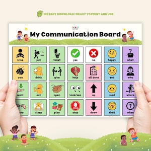 Puede incluir: Un tablero de comunicación con el título "My Communication Board" y varios iconos ilustrados que representan acciones y sentimientos. El tablero incluye palabras como "sí", "no", "feliz" y "triste", diseñado para la comunicación visual.
