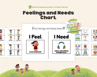 May include: A printable "Feelings and Needs Chart" with the text "Feelings and Needs Chart" and "My Feelings and Needs Board". The chart includes illustrations of emotions and needs, such as "overwhelmed" and "noise-cancelling headphones".