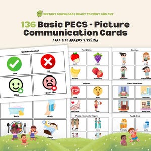 May include: A collection of 136 Basic PECS (Picture Exchange Communication System) cards, ready to print and cut. The cards display images for communication, including "yes," "no," and various actions and objects. Card size is approximately 8.4 x 13.2 cm.