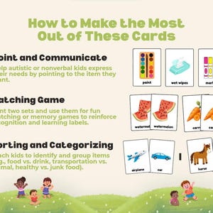 May include: Educational flashcards featuring images of paint, wet wipes, markers, watermelon, carrots, an aeroplane, a car, a horse, and a cow. The text explains how to use the cards for communication, matching games, and sorting activities for children.