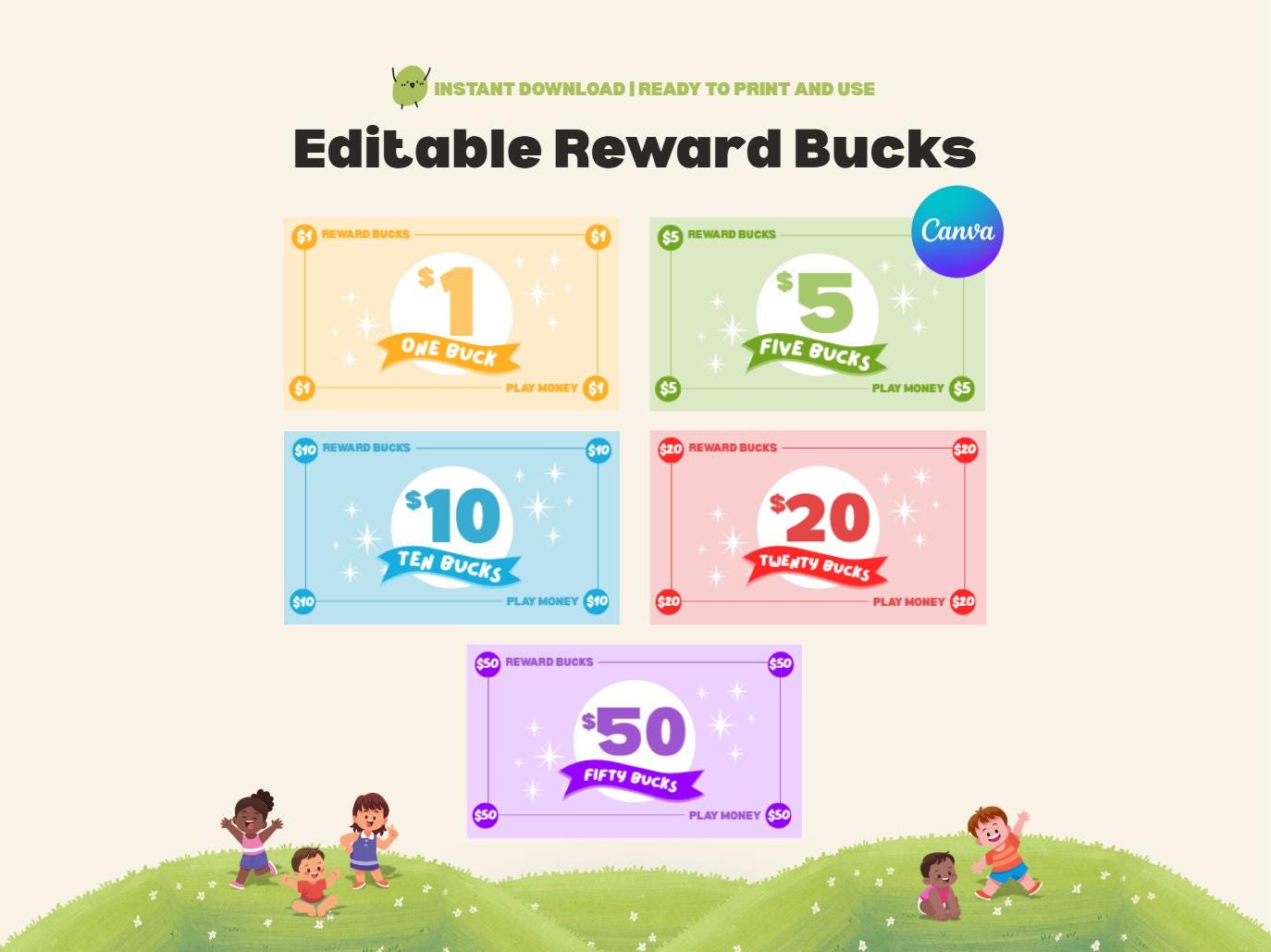 Editable Reward Bucks Kids Printable Play Money Reward Allowance Chore ...