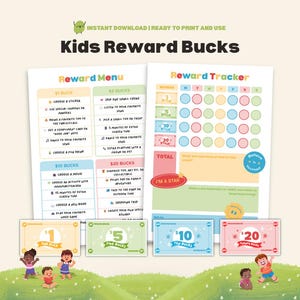 Könnte beinhalten: Ein druckbares Kids Reward Bucks-Set mit einem Belohnungsmenü, einem Belohnungs-Tracker und Belohnungs-Bucks im Wert von 1, 5, 10 und 20 Dollar. Das Design zeigt farbenfrohe Illustrationen und den Text "Kids Reward Bucks".